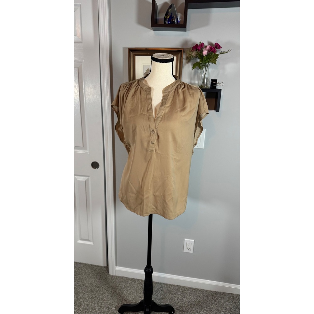 Banana Republic Womens Khaki Tan Short Sleeve Split Neck Blouse Large